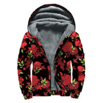 Black And Red Roses Floral Print Sherpa Lined Zip Up Hoodie