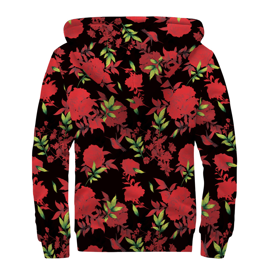 Black And Red Roses Floral Print Sherpa Lined Zip Up Hoodie