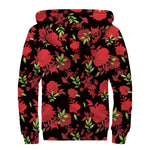 Black And Red Roses Floral Print Sherpa Lined Zip Up Hoodie