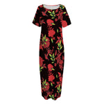 Black And Red Roses Floral Print Short Sleeve Long Nightdress