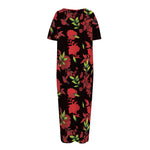 Black And Red Roses Floral Print Short Sleeve Long Nightdress