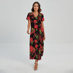 Black And Red Roses Floral Print Short Sleeve Maxi Dress