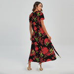 Black And Red Roses Floral Print Short Sleeve Maxi Dress