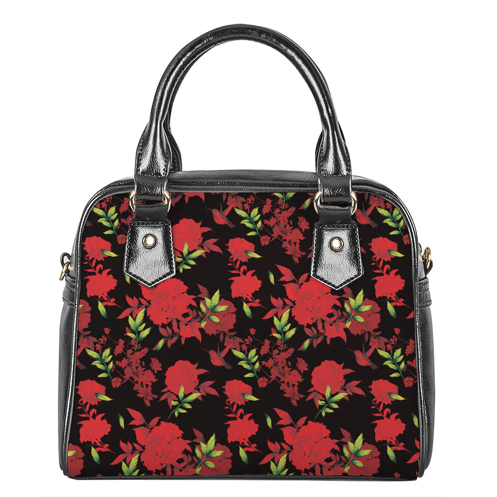 Black And Red Roses Floral Print Shoulder Handbag