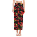 Black And Red Roses Floral Print Side Slit Maxi Skirt
