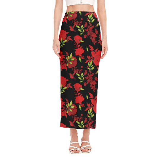 Black And Red Roses Floral Print Side Slit Maxi Skirt