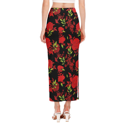 Black And Red Roses Floral Print Side Slit Maxi Skirt