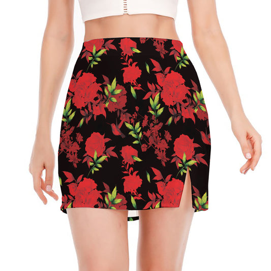 Black And Red Roses Floral Print Side Slit Mini Skirt