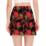 Black And Red Roses Floral Print Side Slit Mini Skirt
