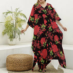 Black And Red Roses Floral Print Silk V-Neck Kaftan Dress