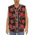 Black And Red Roses Floral Print Sleeveless Baseball Jersey