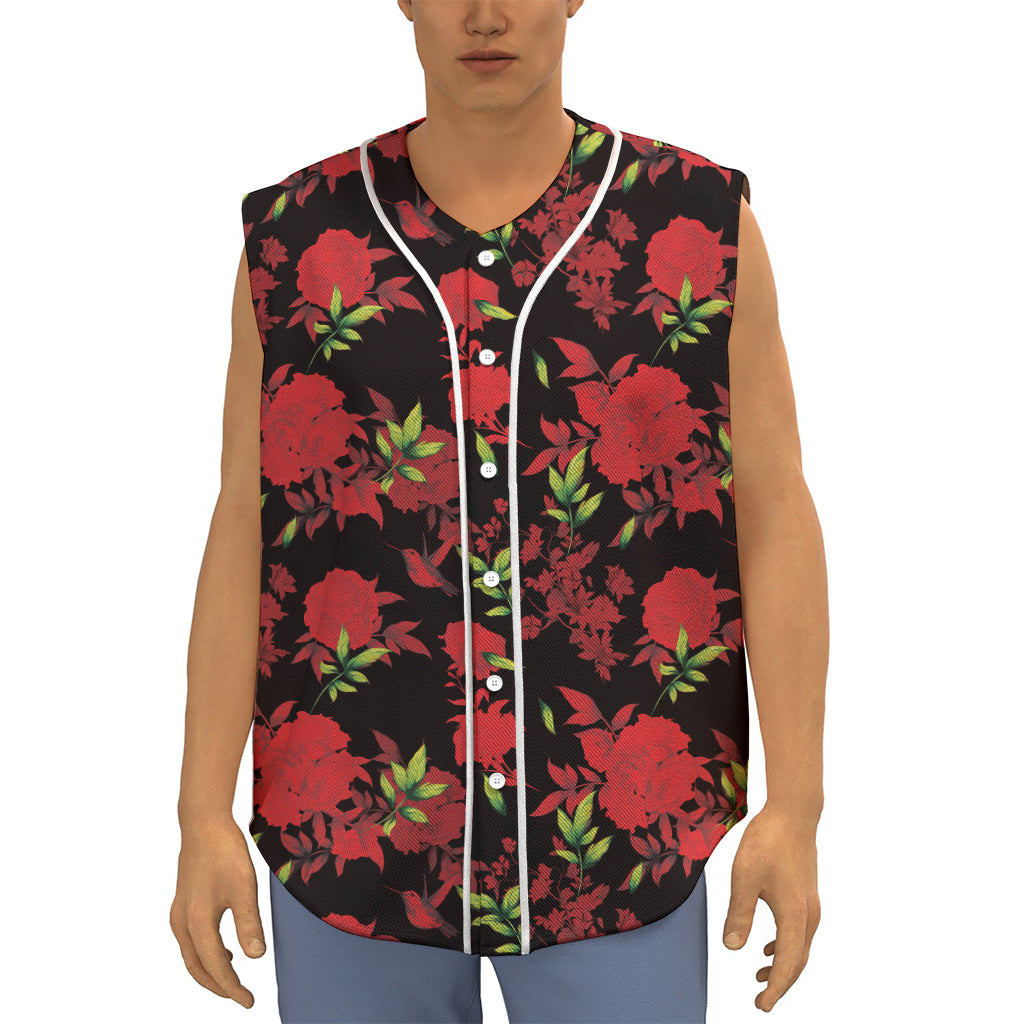 Black And Red Roses Floral Print Sleeveless Baseball Jersey