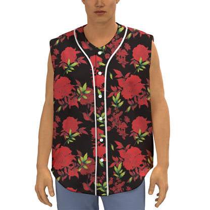 Black And Red Roses Floral Print Sleeveless Baseball Jersey
