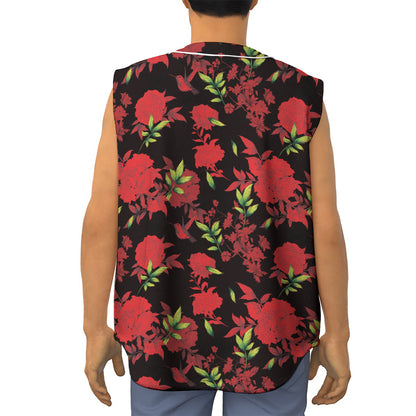 Black And Red Roses Floral Print Sleeveless Baseball Jersey