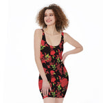 Black And Red Roses Floral Print Sleeveless Bodycon Dress
