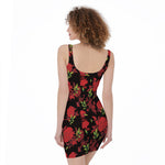 Black And Red Roses Floral Print Sleeveless Bodycon Dress