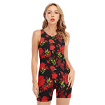 Black And Red Roses Floral Print Sleeveless One Piece Swimsuit
