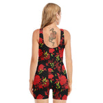 Black And Red Roses Floral Print Sleeveless One Piece Swimsuit