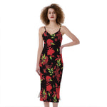 Black And Red Roses Floral Print Slim Fit Midi Cami Dress