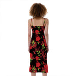 Black And Red Roses Floral Print Slim Fit Midi Cami Dress