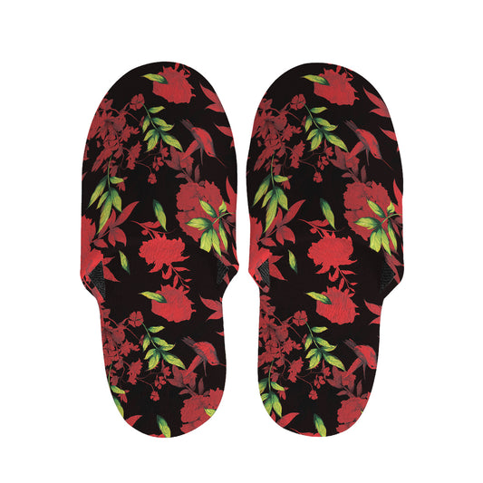 Black And Red Roses Floral Print Slippers