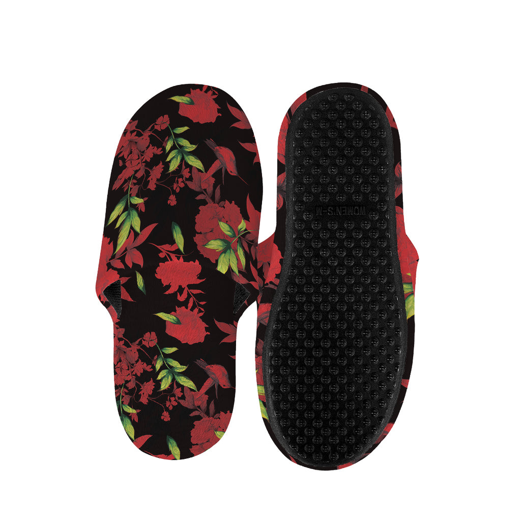 Black And Red Roses Floral Print Slippers