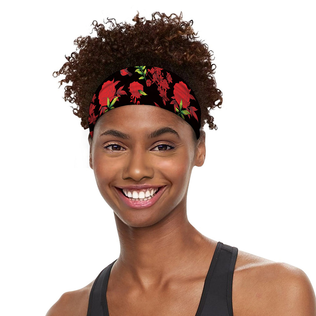 Black And Red Roses Floral Print Sports Headband