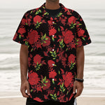 Black And Red Roses Floral Print Textured Short Sleeve Shirt