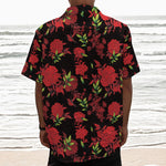 Black And Red Roses Floral Print Textured Short Sleeve Shirt