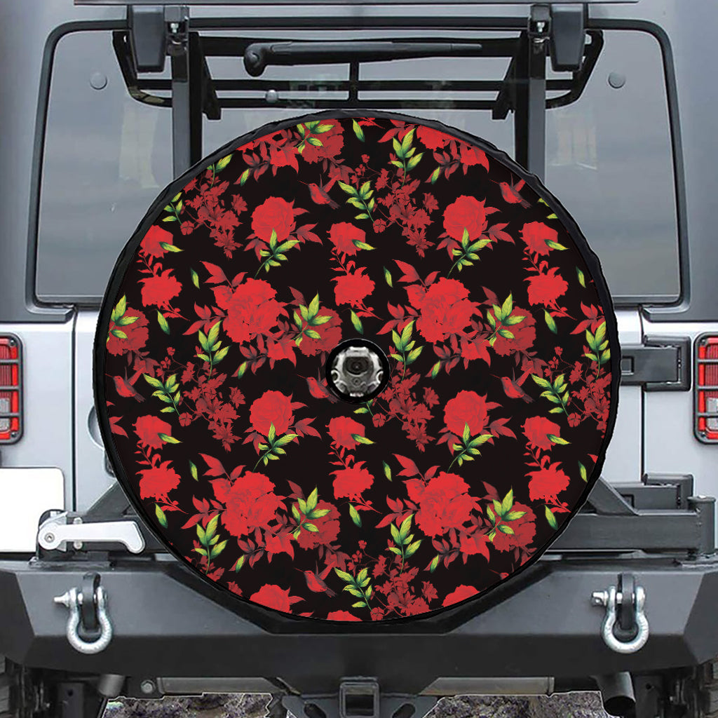 Black And Red Roses Floral Print Tire Cover With Camera Hole