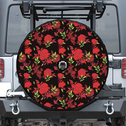 Black And Red Roses Floral Print Tire Cover With Camera Hole