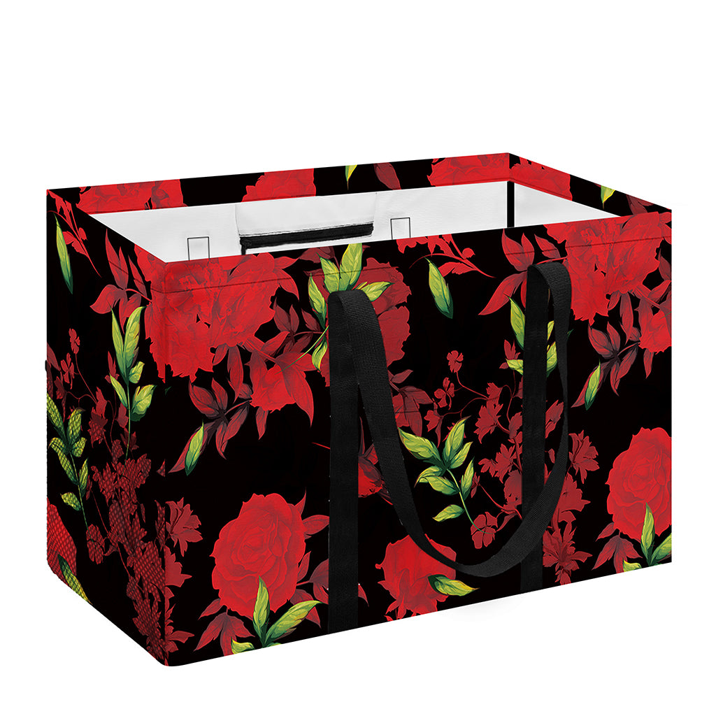 Black And Red Roses Floral Print Utility Tote Bag