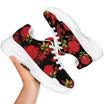 Black And Red Roses Floral Print White Chunky Shoes