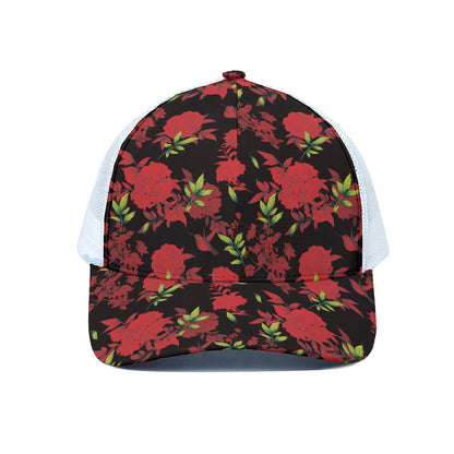 Black And Red Roses Floral Print White Mesh Trucker Cap