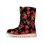 Black And Red Roses Floral Print Winter Boots