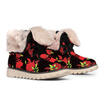 Black And Red Roses Floral Print Winter Boots