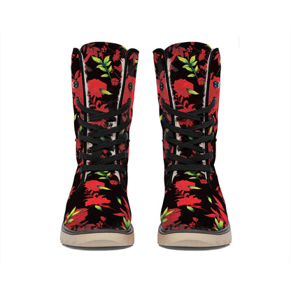 Black And Red Roses Floral Print Winter Boots