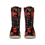 Black And Red Roses Floral Print Winter Boots