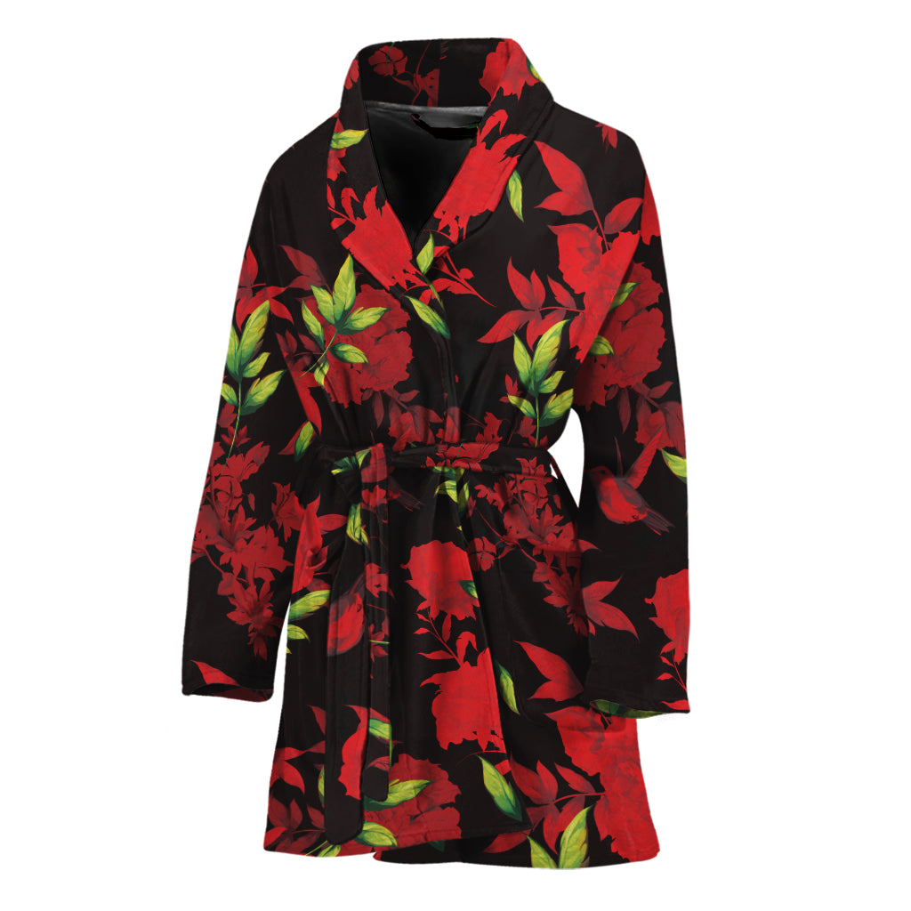 Black And Red Roses Floral Print Women's Bathrobe