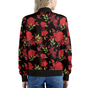 Black And Red Roses Floral Print Women's Bomber Jacket