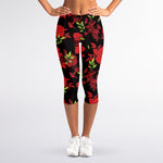 Black And Red Roses Floral Print Women's Capri Leggings