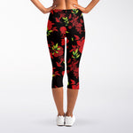 Black And Red Roses Floral Print Women's Capri Leggings