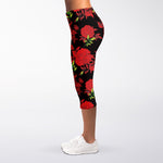 Black And Red Roses Floral Print Women's Capri Leggings