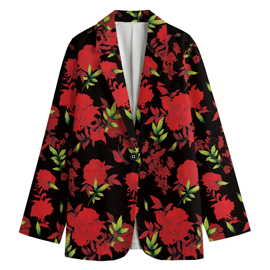 Black And Red Roses Floral Print Women's Cotton Blazer