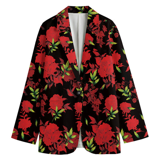 Black And Red Roses Floral Print Women's Cotton Blazer