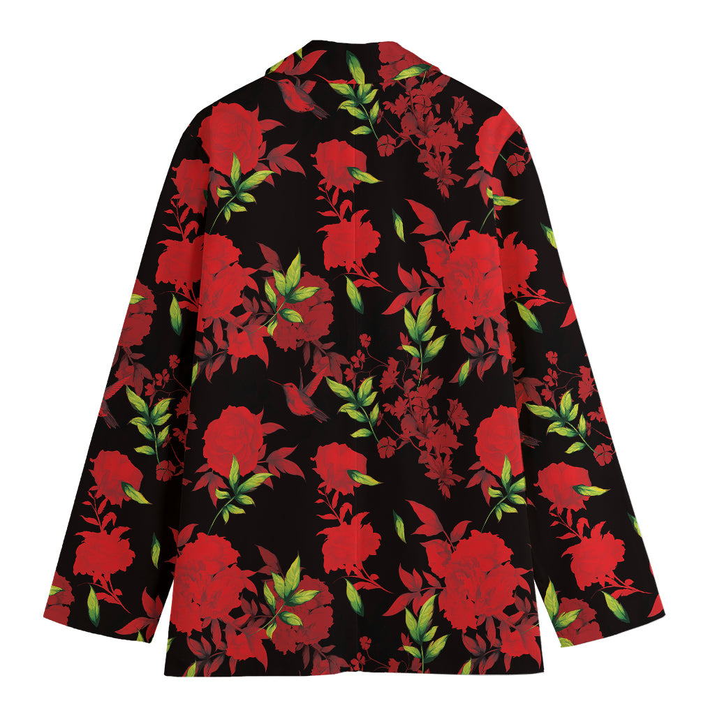 Black And Red Roses Floral Print Women's Cotton Blazer