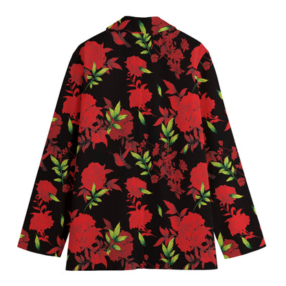 Black And Red Roses Floral Print Women's Cotton Blazer