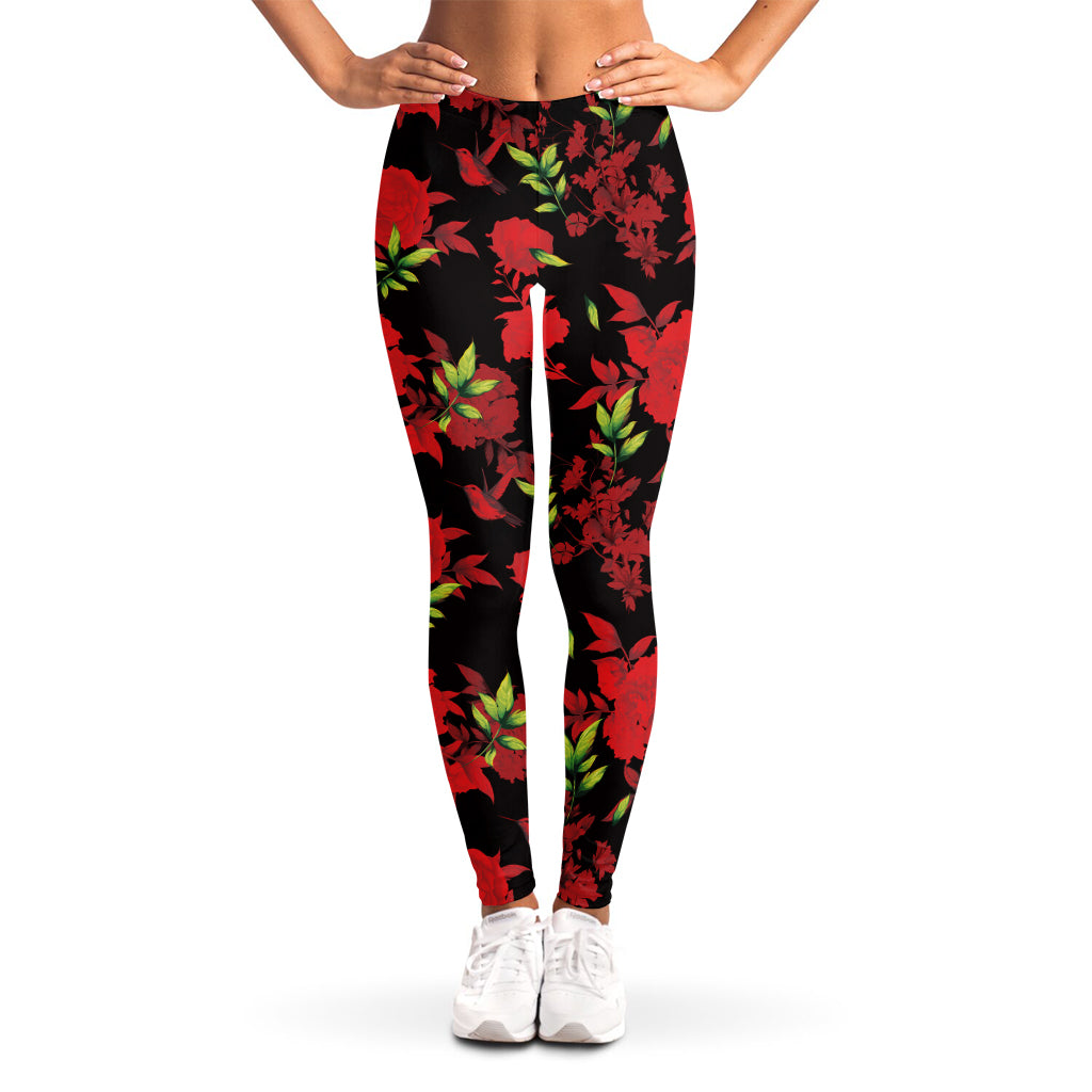 Black And Red Roses Floral Print Women's Leggings