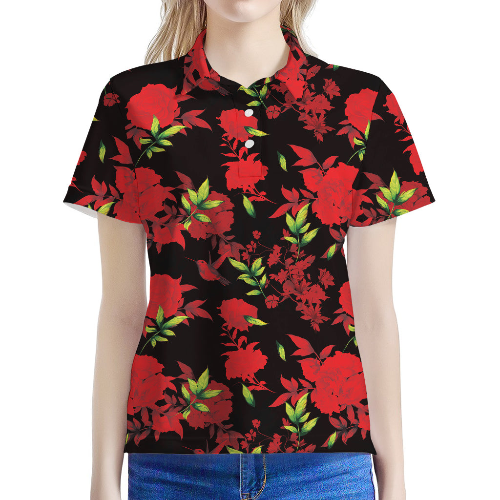 Black And Red Roses Floral Print Women's Polo Shirt