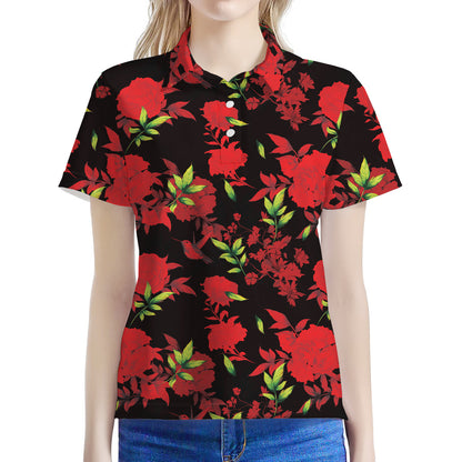 Black And Red Roses Floral Print Women's Polo Shirt
